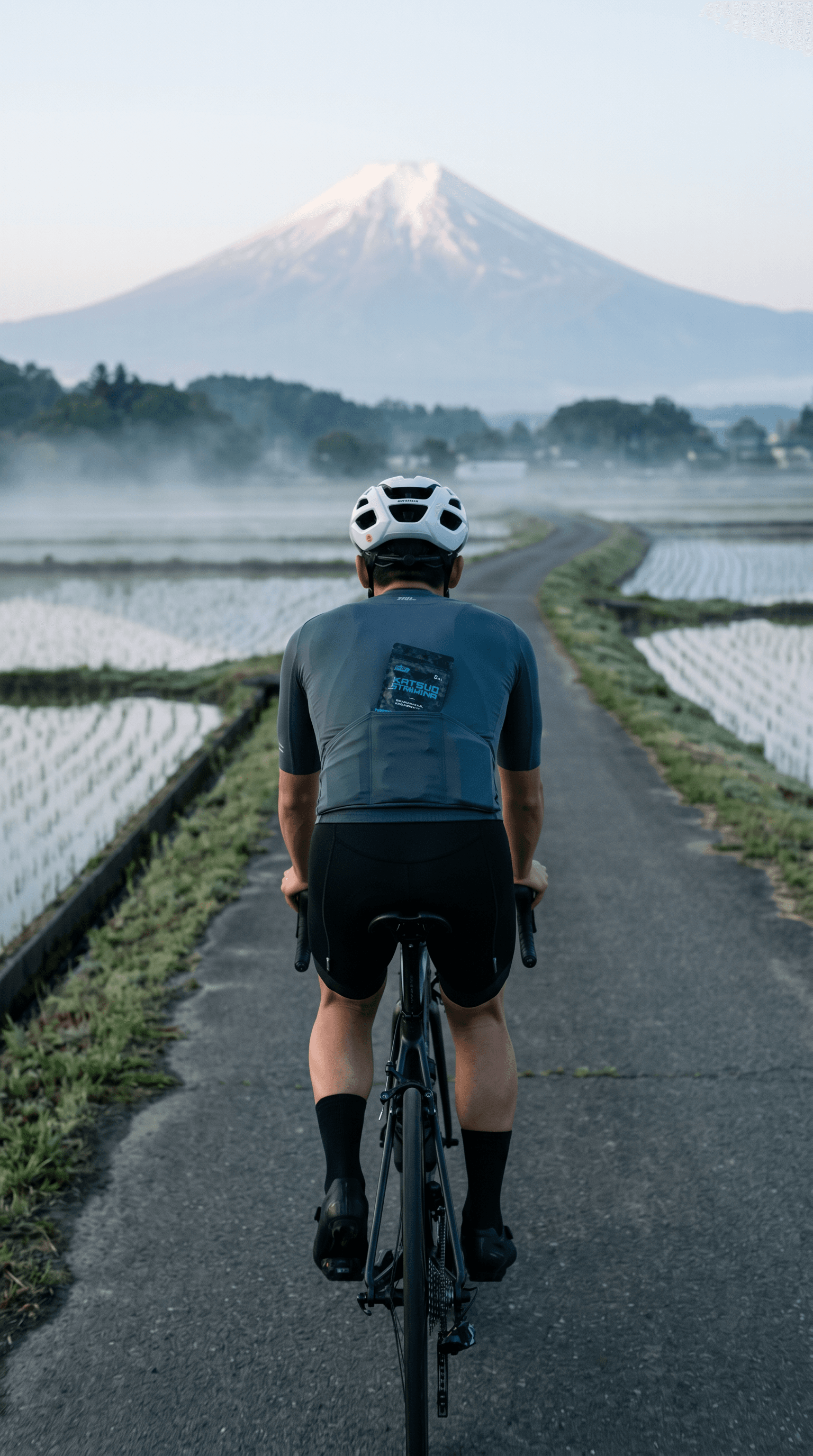 Cyclist climbing past terraced rice fields toward Fuji
