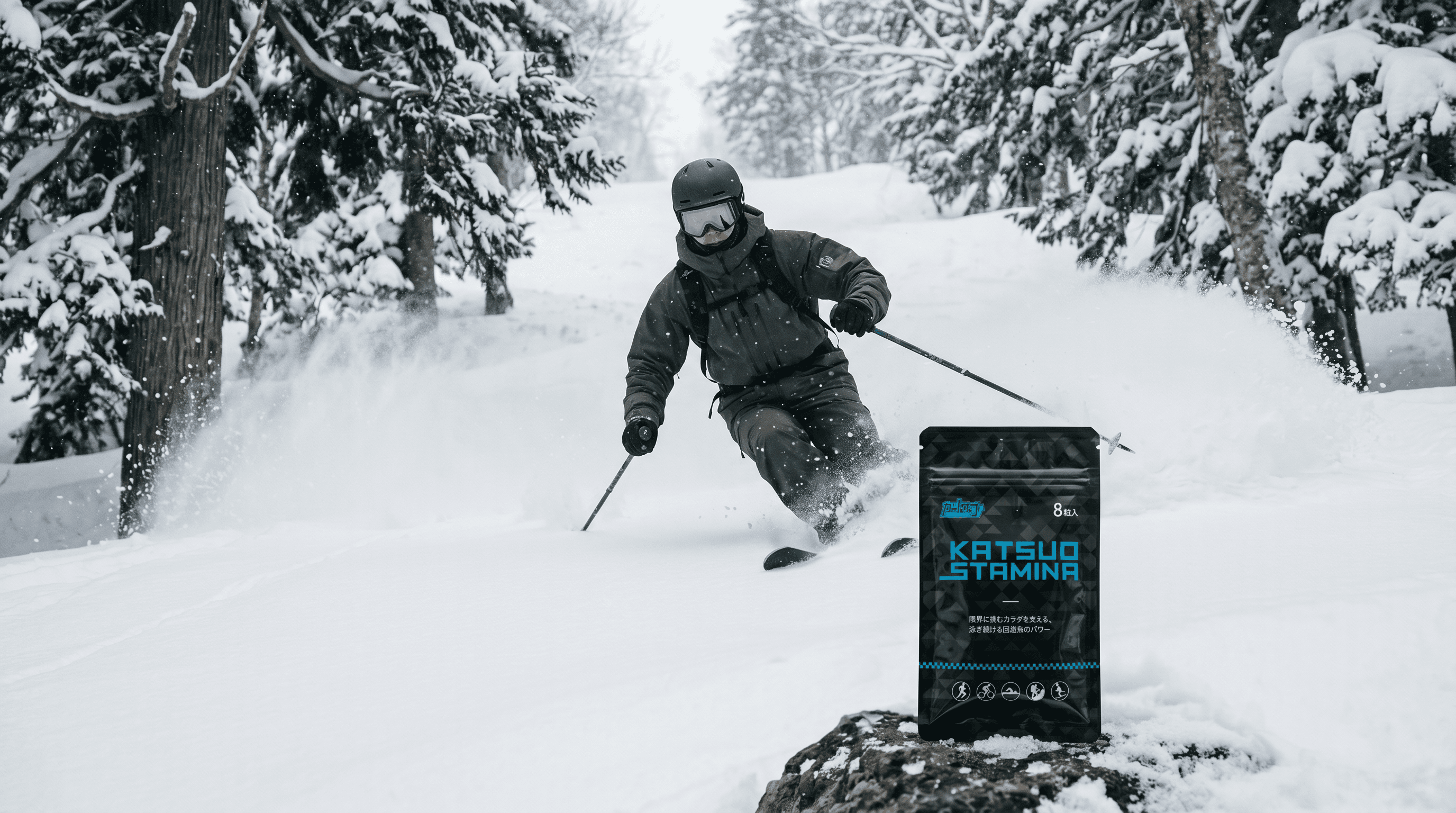 Skier laying a turn through cedars in deep powder